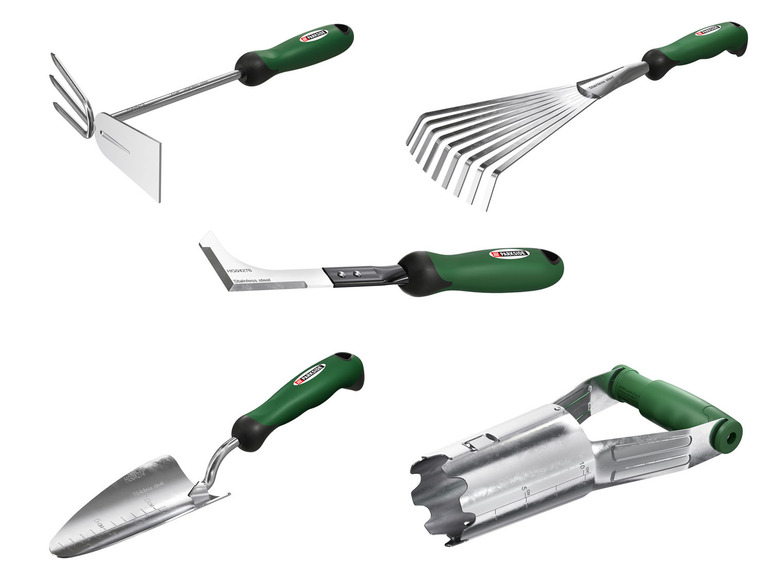 Tuingereedschap van Parkside: schoffel, hark, schep en plantgatmaker.