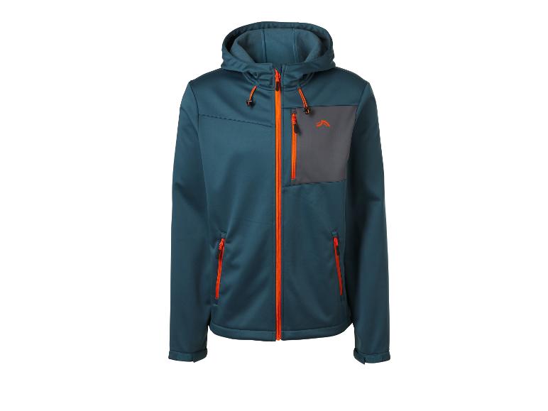 Herenjack met capuchon, donkerblauw met oranje ritsen en een grijs zakje.