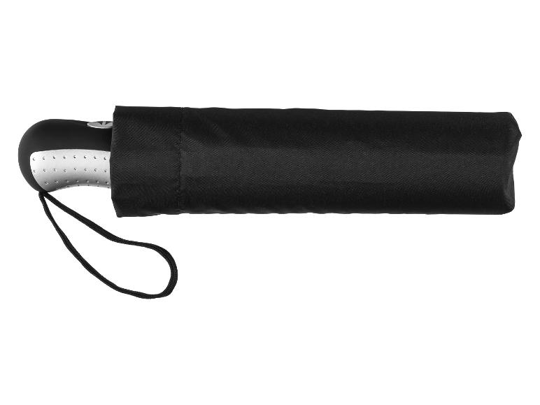 Zwarte opgevouwen paraplu met ergonomisch handvat en polsband.