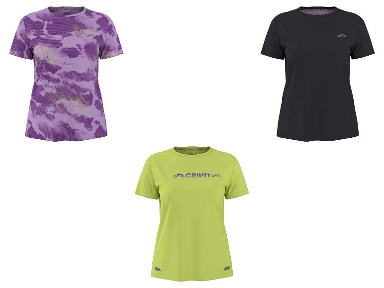 Dames sport T-shirts: één paars met patroon, één zwart en één limoengroen met logo.