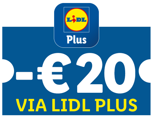 Badge met de tekst 'Plus -€20 VIA PLUS'.