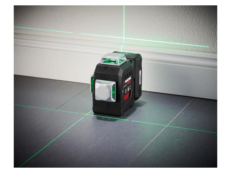 Parkside kruislaser met groene lijnen op een tegelvloer.