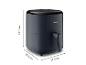 Donkerblauwe airfryer met afmetingen van 32,5 cm hoogte, 37,5 cm diepte en 27,3 cm breedte.
