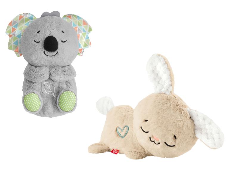 Grijze koala knuffel en beige konijn knuffel met lachende gezichten