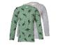 Twee kinderlongsleeves: een groene met dinoprint en een effen grijze.