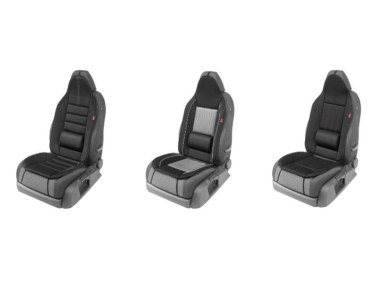 Zwarte en grijze autostoelhoezen met hoofdsteunen.