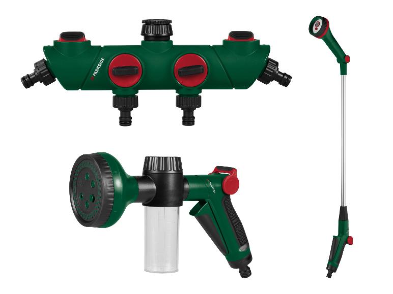 Parkside tuinbewateringsaccessoires: verdeler, spuitpistool en sproeilans.
