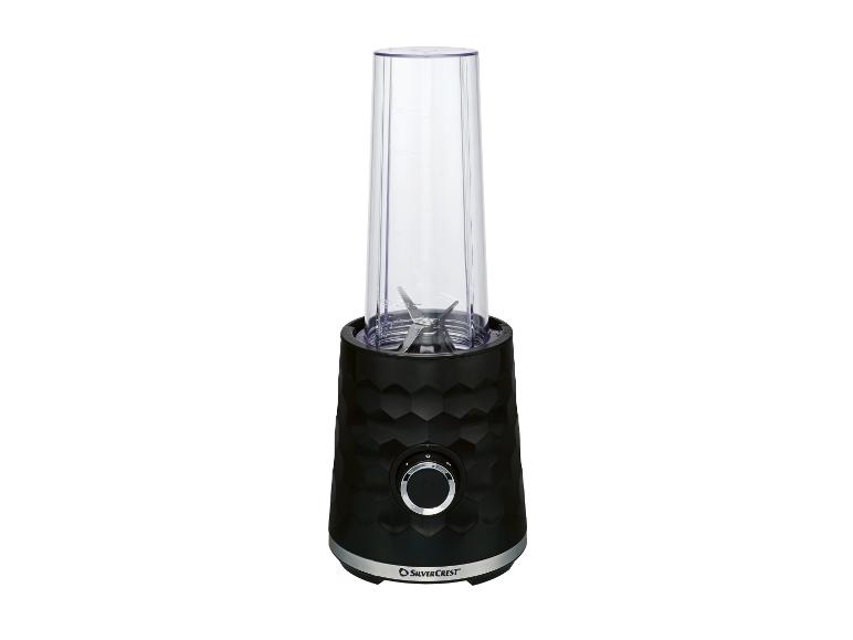 Zwarte blender met transparante beker en maataanduiding.