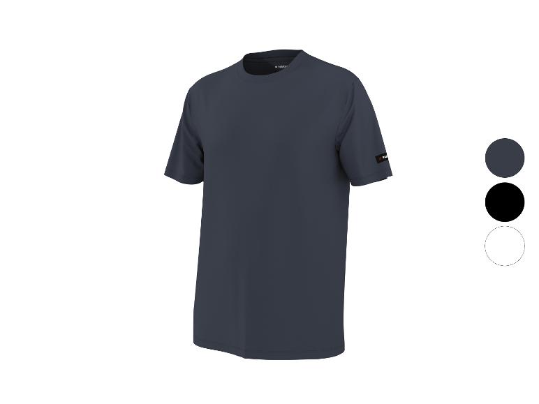 Donkerblauw T-shirt met korte mouwen en drie kleuropties rechts: donkerblauw, zwart en wit.