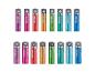 Twee rijen kleurrijke oplaadbare batterijen, AAA 1000mAh en AA 2500mAh, in paars, roze, rood, oranje, groen, blauwgroen en blauw.