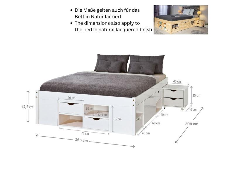 Wit bed met opbergruimte en nachtkastje, toont afmetingen.