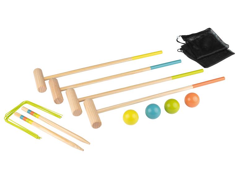 Houten croquetset met vier hamers, vier ballen, poortjes en een nettas.