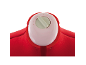 Detail van een rood-witte kookwekker met een draaiknop en indicatorpunten.