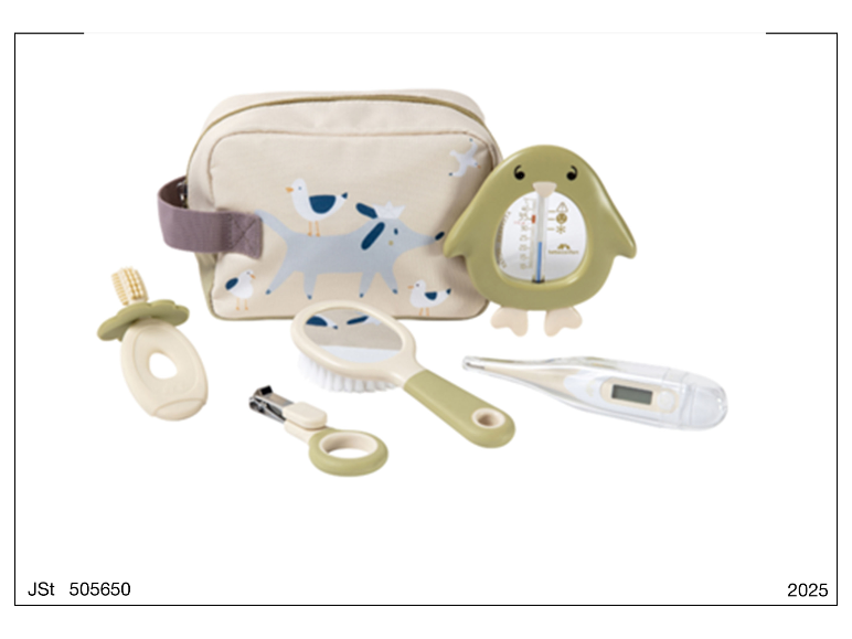 Babyverzorgingsset met thermometer en borstel.