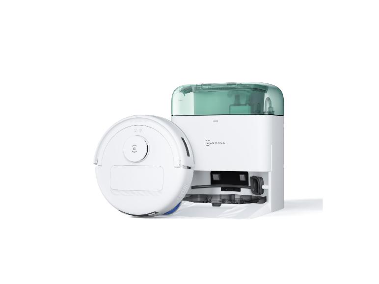 Een Ecovacs robotstofzuiger met oplaadstation.