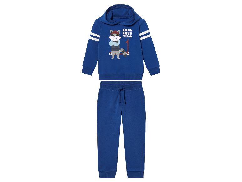 Hoodie en joggingbroek set, blauw, met wasbeerprint.