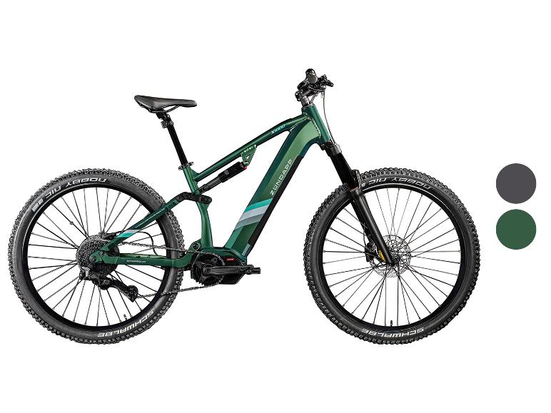 Groene Zündapp elektrische mountainbike met zwarte banden en grijze en groene kleurstalen.
