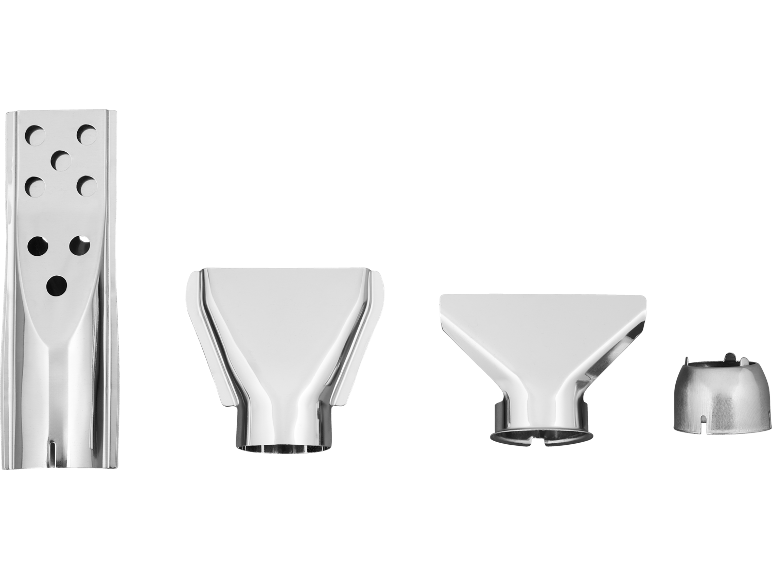 Heteluchtpistoolmondstukken: plat, breed, reducerend en reflector.