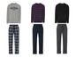 Drie sets pyjama's voor mannen met verschillende kleuren en patronen.