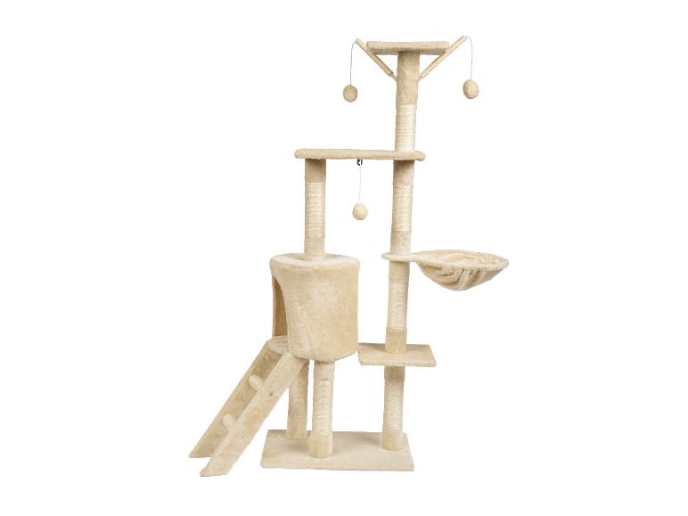 Beige krabpaal met meerdere niveaus, een kattenhuis, hangmat en hangend speelgoed
