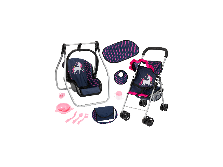 BAYER DESIGN poppenwagenset met schommel en eenhoorn-accessoires.