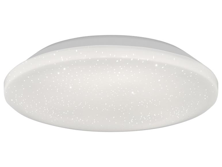 Ronde LED-plafondlamp met sterrenhemel-effect, met witte diffuser en grijze basis.