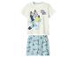 Wit kinder T-shirt en blauwe shorts met cartoonfiguren en de tekst 'BED. SLEEP. NOW.'