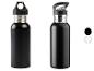 Twee zwarte metalen drinkflessen; één met handvat, één met tuit.