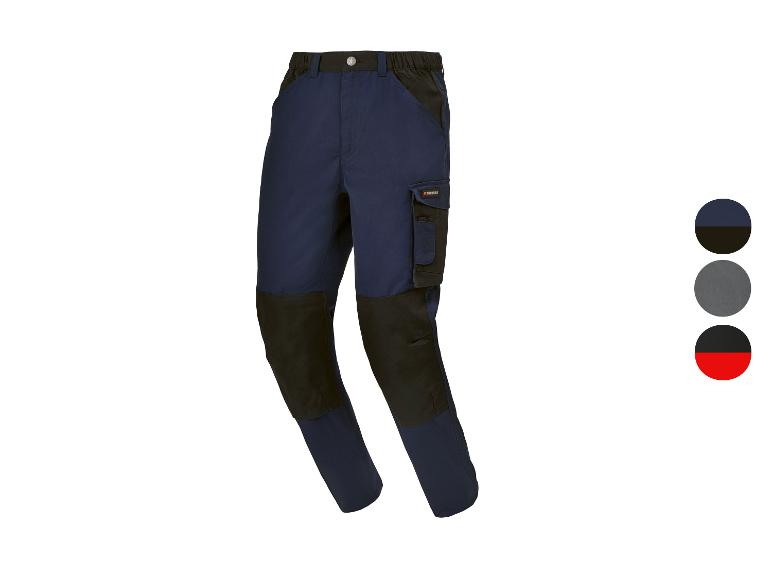 Werkbroek in marineblauw en zwart met zijzakken en kleurstalen.