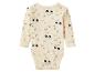 Beige babyromper met lange mouwen en patroon van tractoren, ganzen en hekken.