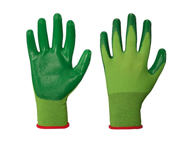 Een paar groene tuinhandschoenen met rode randen.