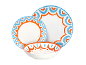 Wit servies met oranje en blauwe patronen, inclusief twee borden en een kom.