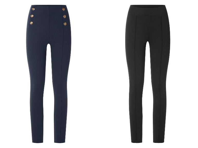Twee damesleggings: één marineblauw met gouden knopen en één effen zwart.
