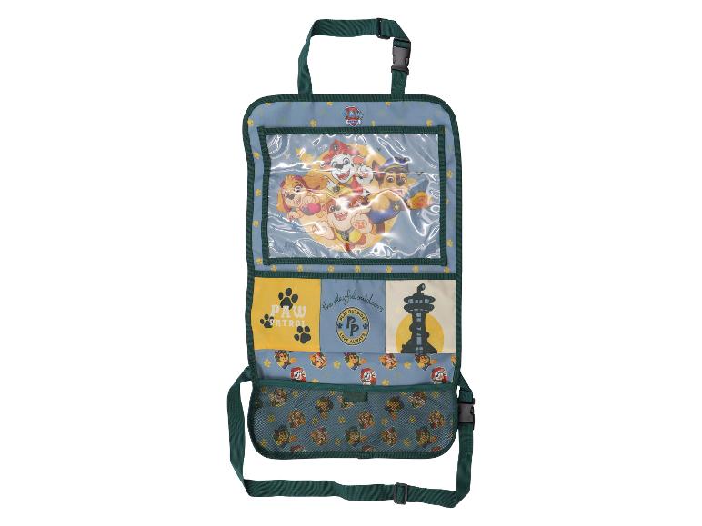 Paw Patrol autostoel organizer met vakken en stripfiguren.