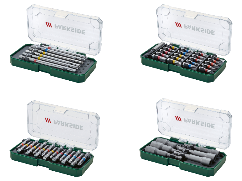 Vier doosjes met Parkside schroevendraaierbits.