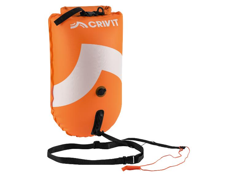 Oranje zwemboei met een witte streep, zwarte banden en een fluitje.