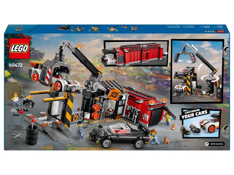 LEGO City 60472 set met autowerkplaats, kraan en aanpasbare auto's.