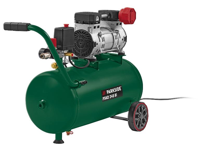 Parkside PSKO 248 B1 luchtcompressor met een groene tank en wielen