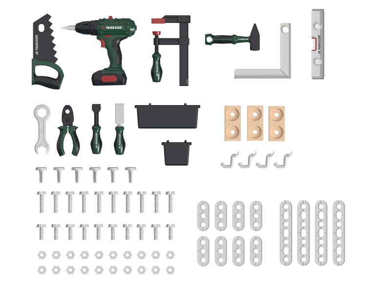 Een Parkside speelgoedgereedschapset, inclusief boormachine, zaag, klem, hamer en accessoires.