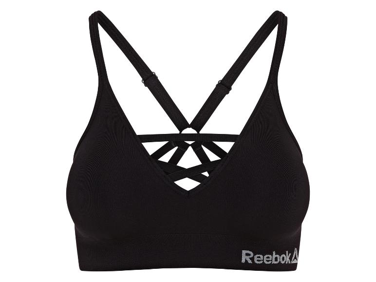 Zwarte Reebok sportbeha met gekruiste bandjes en logo.