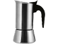 Roestvrijstalen koffiezetapparaat met zwart handvat.