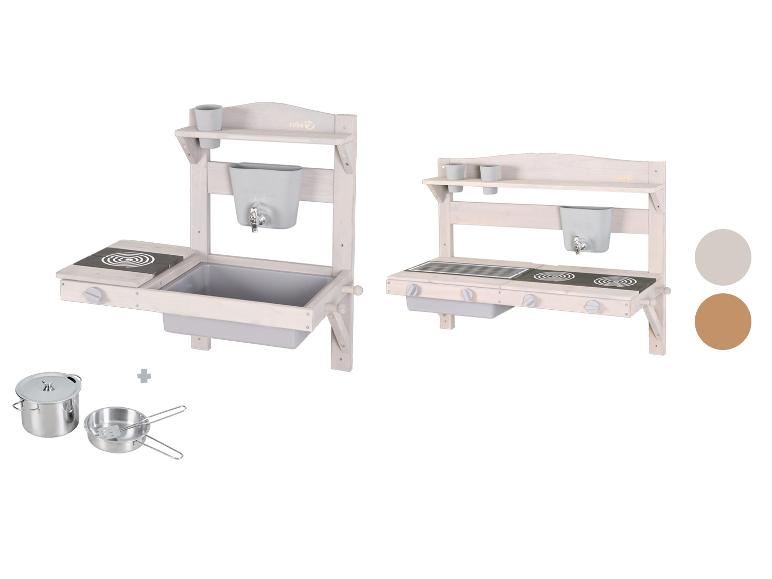 Houten modderkeuken met gootsteen, kookplaten en kookaccessoires, in twee modellen.