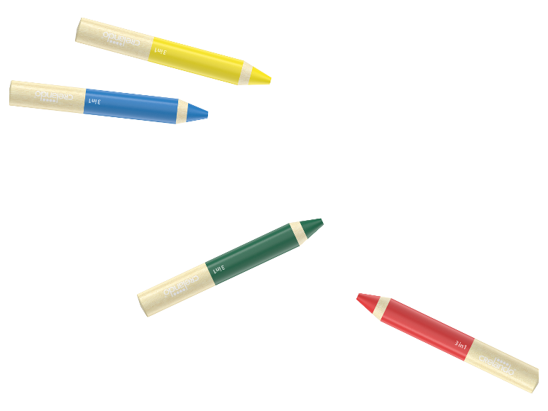 Crelando 3-in-1 kleurpotloden: geel, blauw, groen en rood.