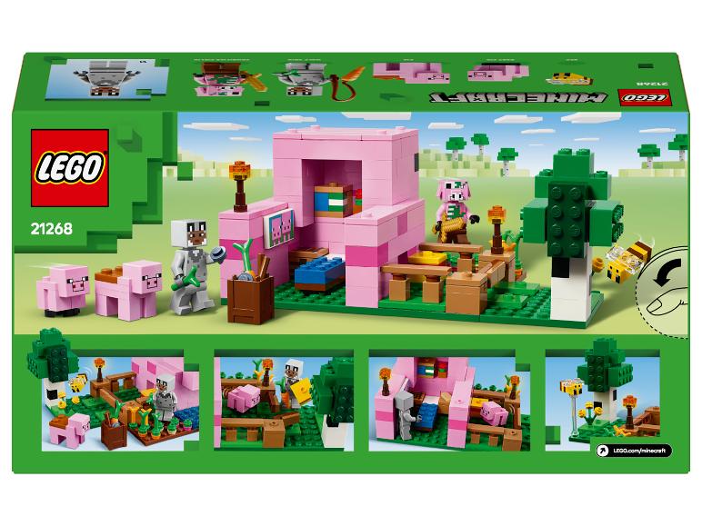 LEGO Minecraft doos met een roze varkenshuis, personages en dieren.