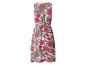 Roze mouwloze midi-jurk met een levendige hibiscus- en palmbladprint.