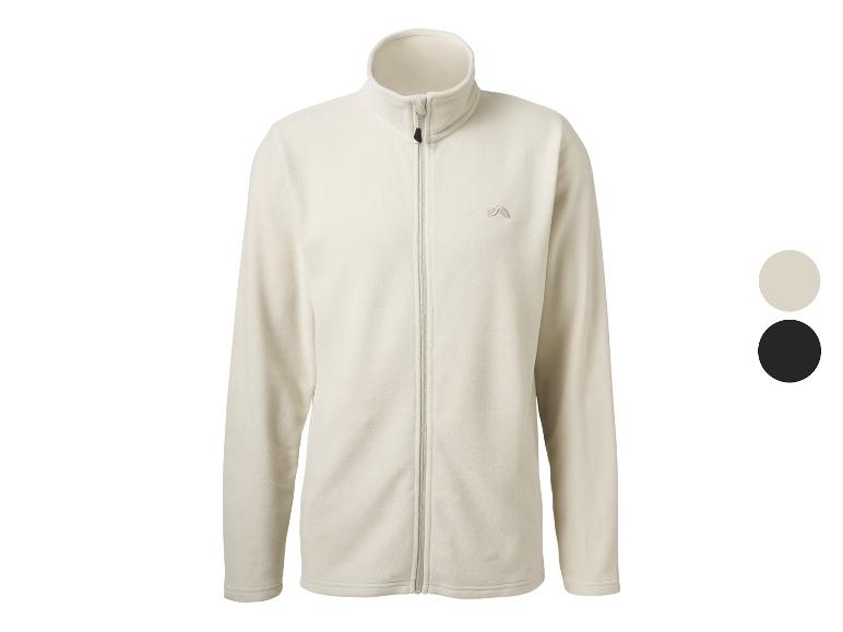 Beige fleecejack met rits en hoge kraag, ook verkrijgbaar in zwart.