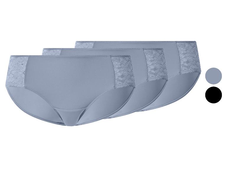 Set van drie damesonderbroeken in blauw en zwart met kanten details.
