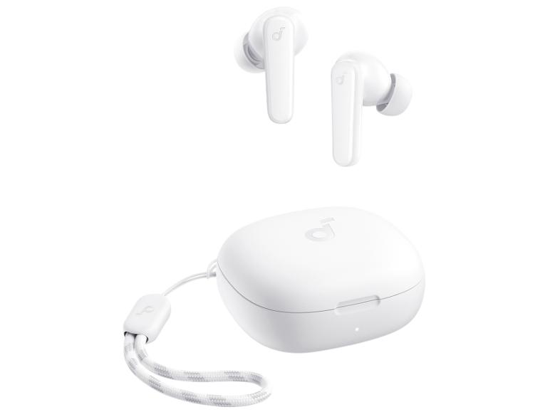 Witte draadloze in-ear koptelefoon met oplaadcase en bandje.