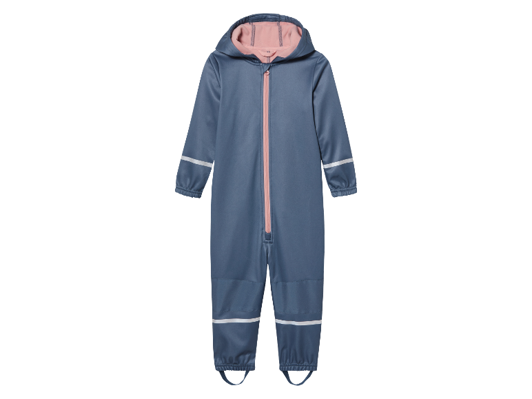 Blauwe overall voor kinderen met roze capuchon.