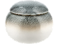 Ronde keramische pot met deksel, met een grijs-witte gradiëntglazuur.